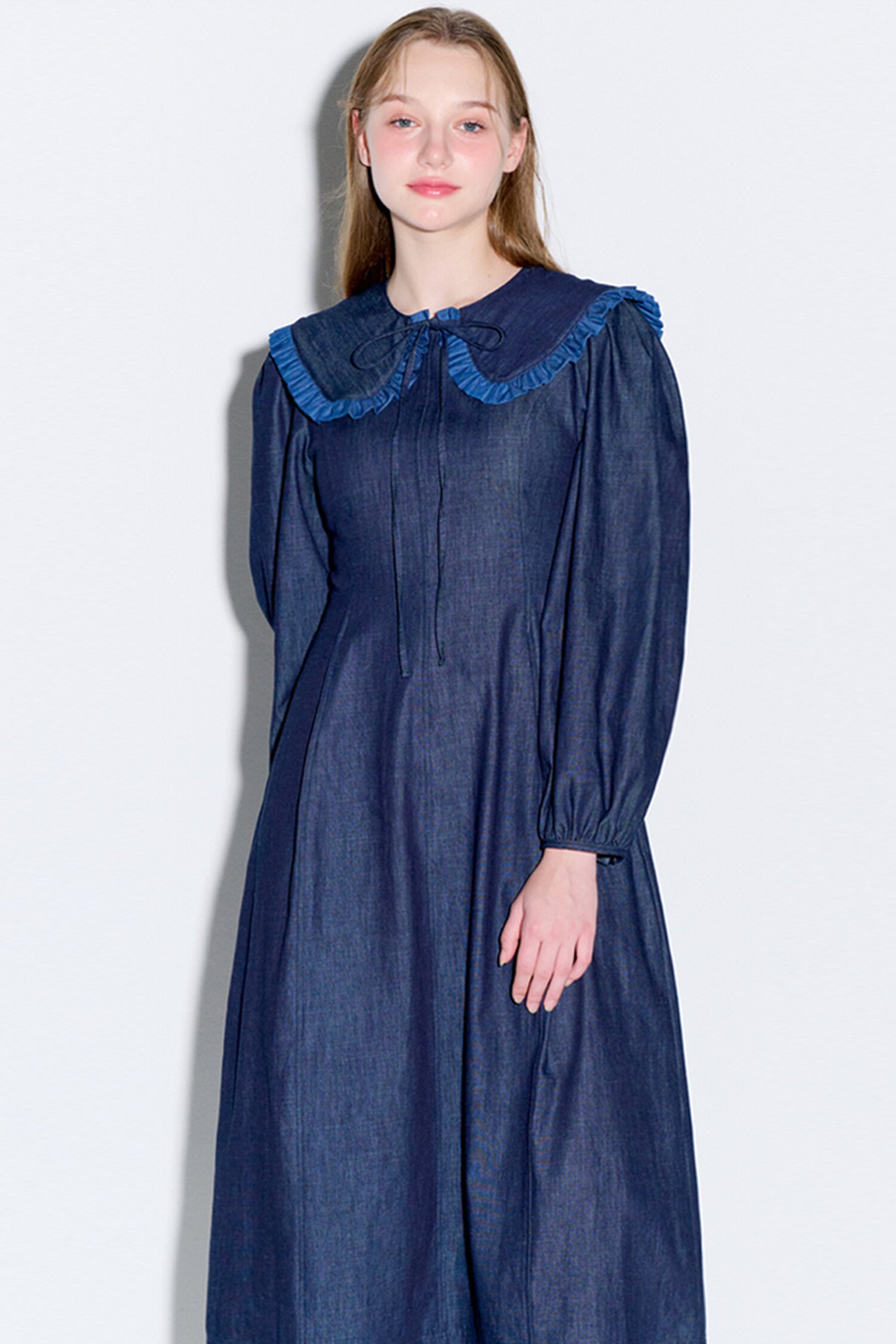 Sailor collar flare long denim dress dark indigo