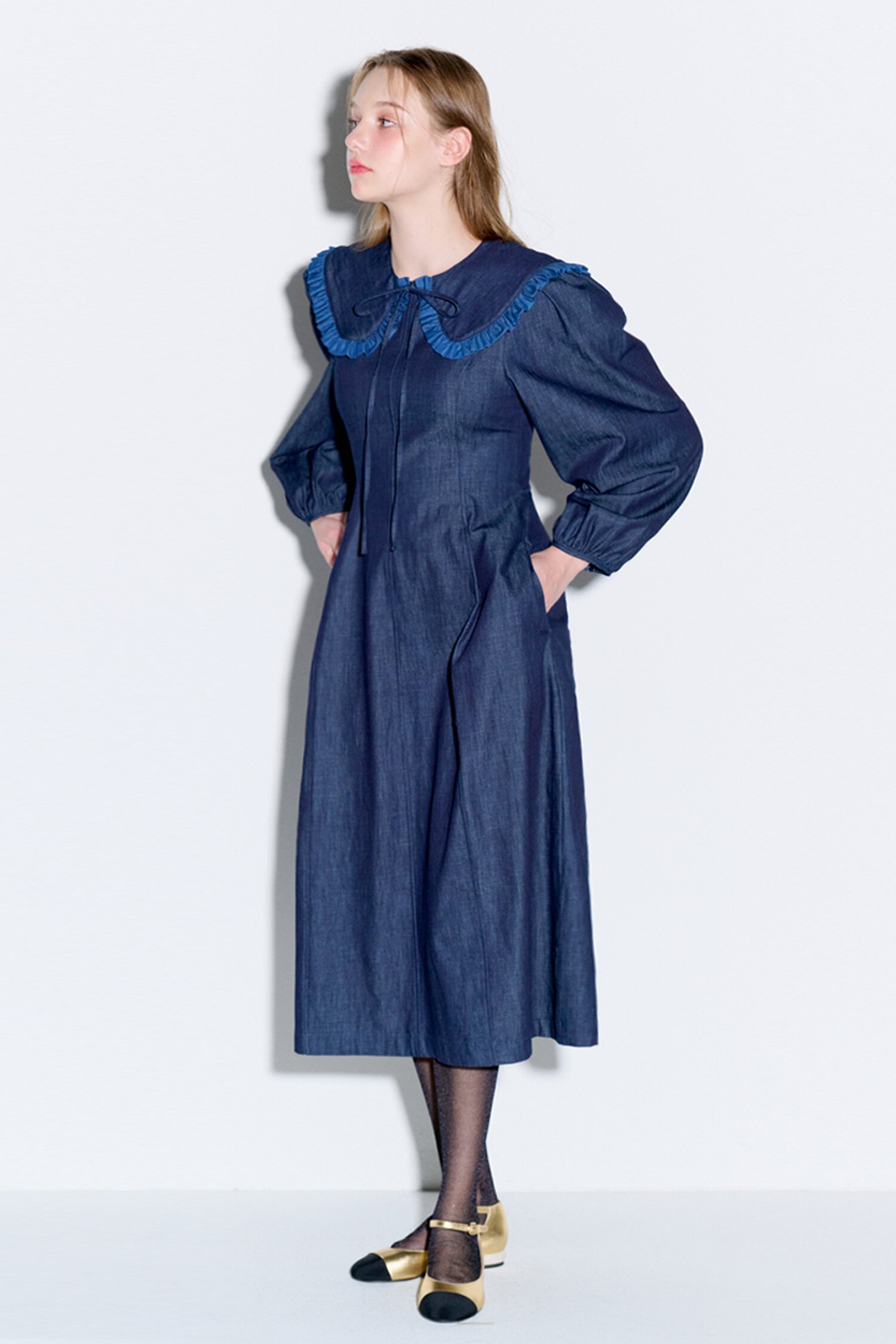 Sailor collar flare long denim dress dark indigo