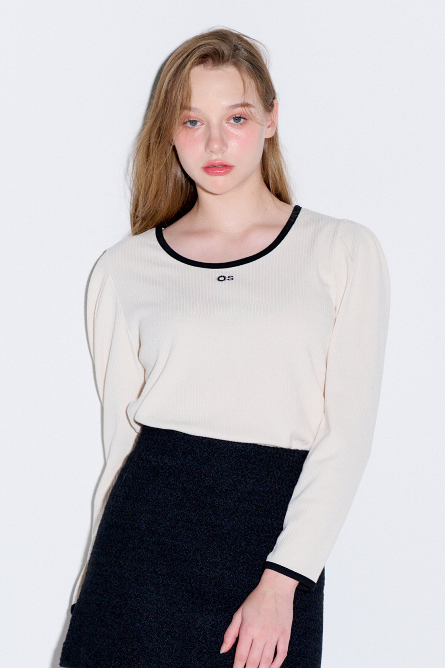 Ribbon detail ribbed puff top_Ivory