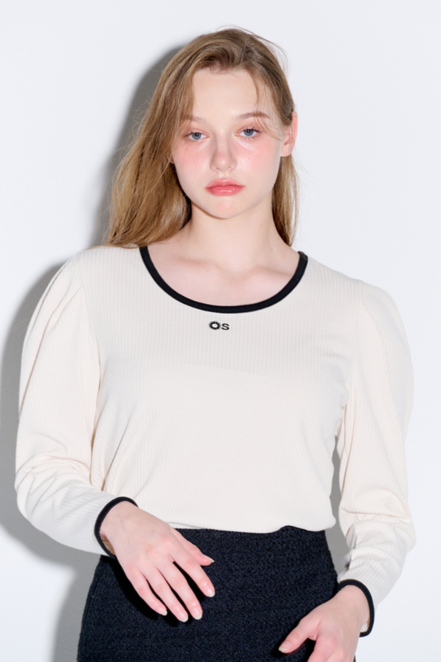 Ribbon detail ribbed puff top_Ivory