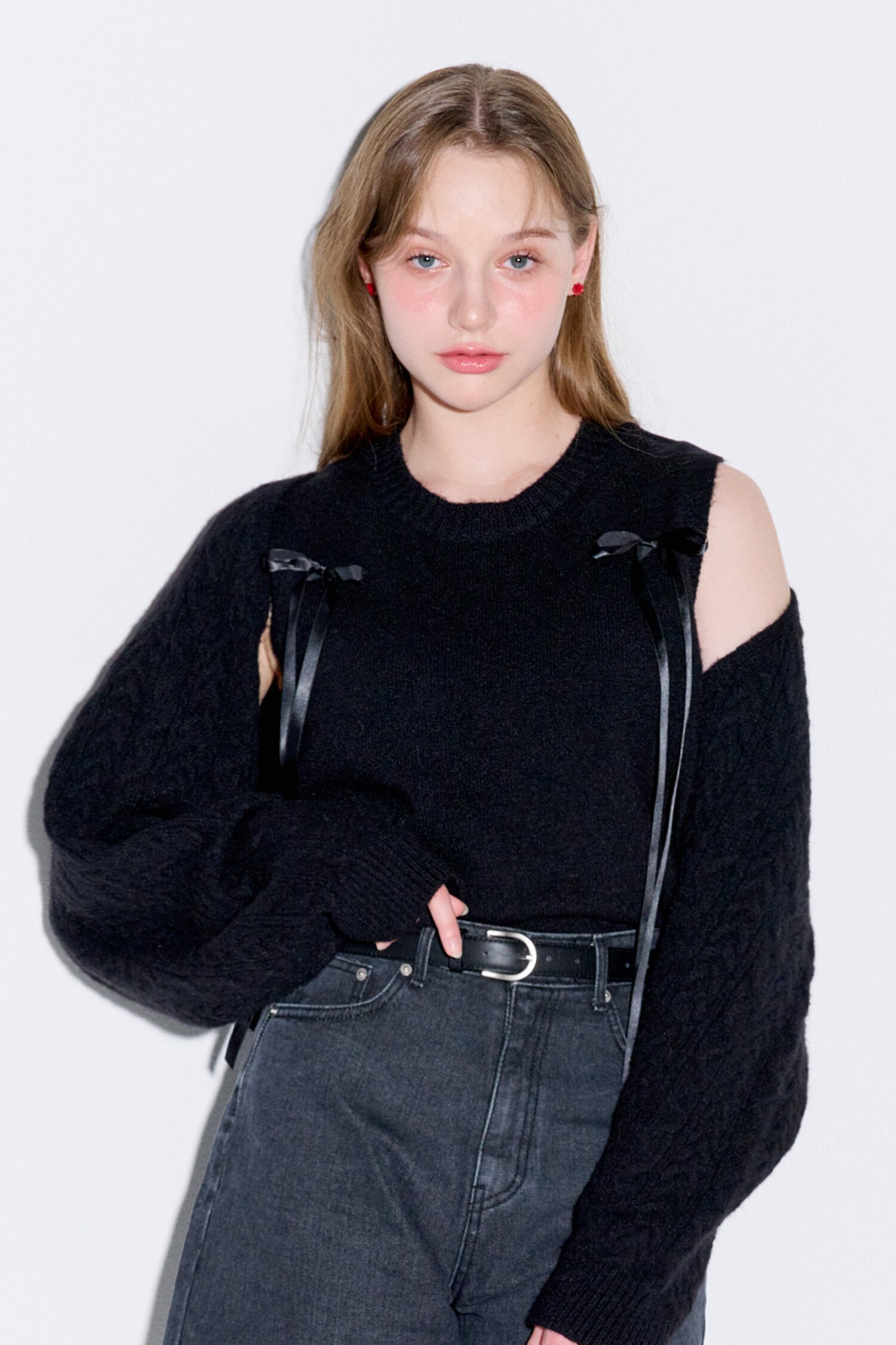 Cable bolero cardigan set_Black