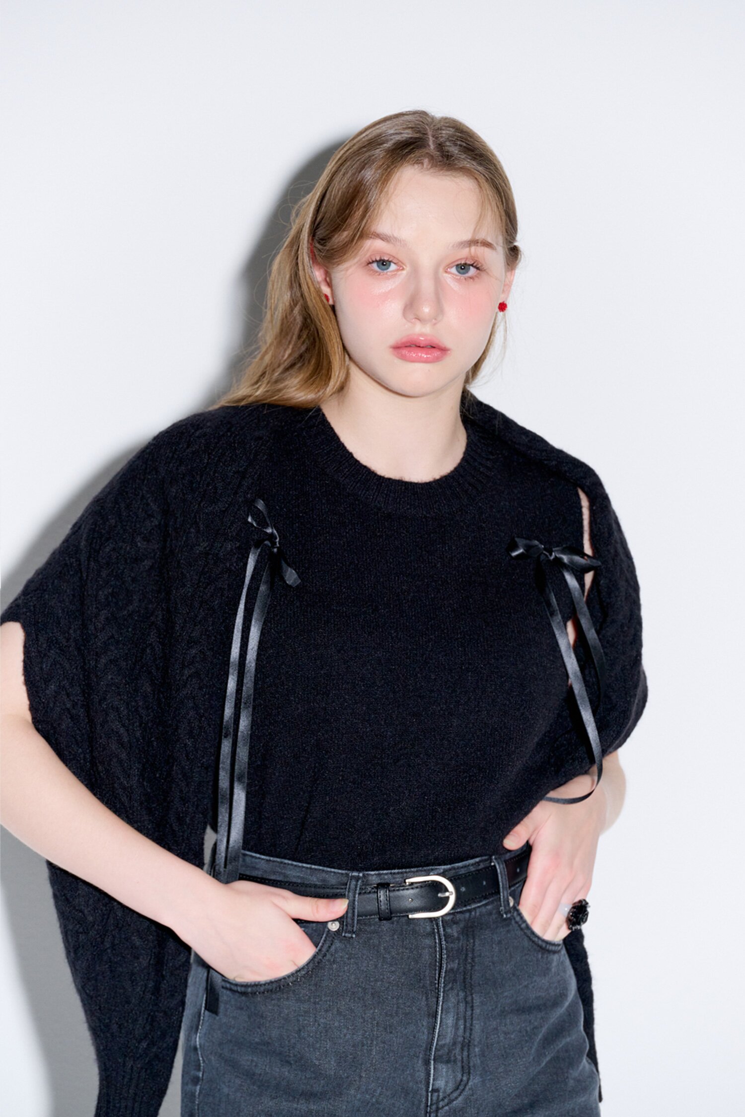 Cable bolero cardigan set_Black