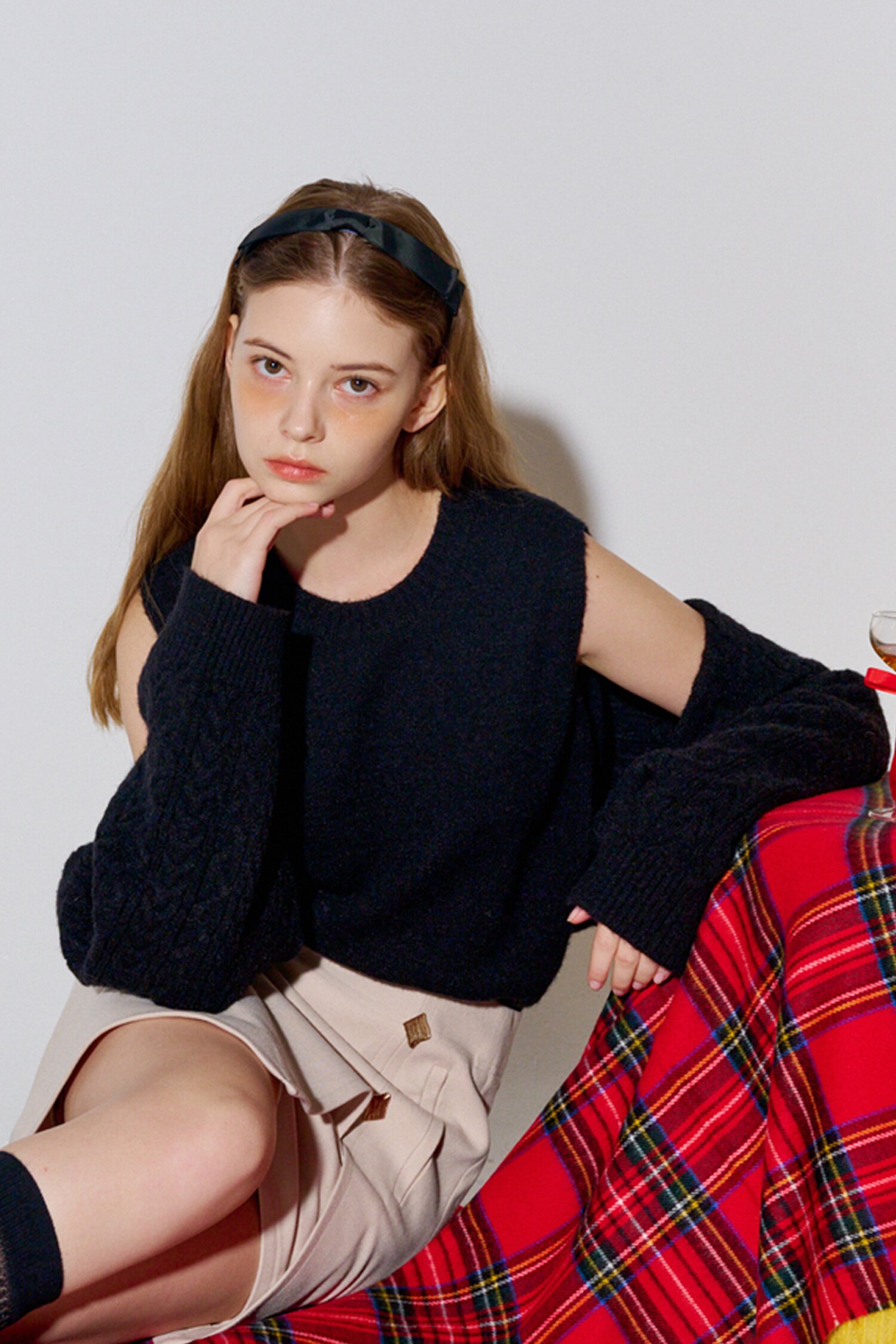 Cable bolero cardigan set_Black
