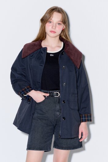 코듀로이 카라 하프 트렌치 맥코트 네이비