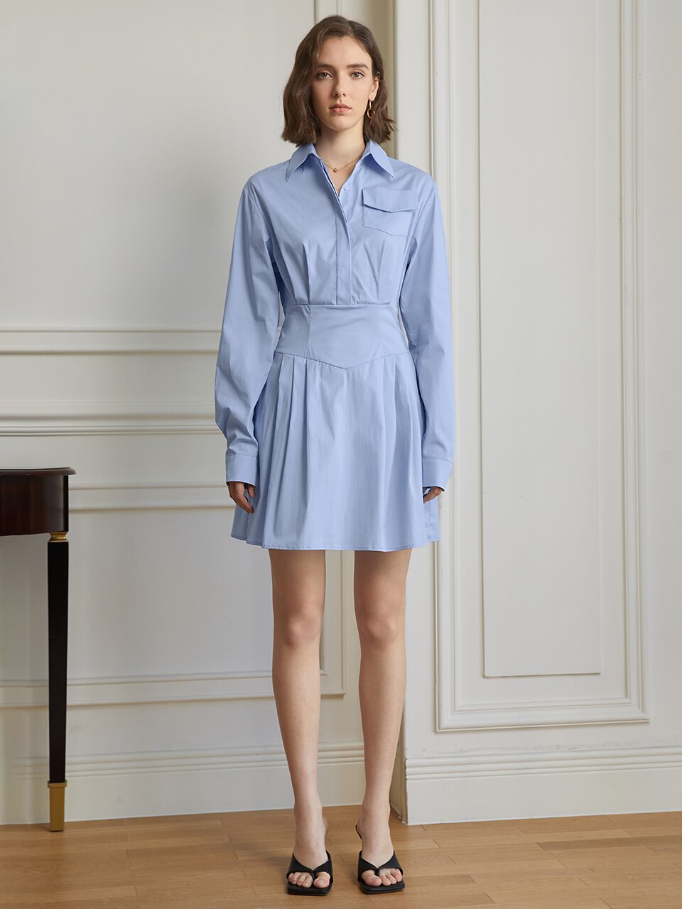 YY_Pocket slim waist shirt dress