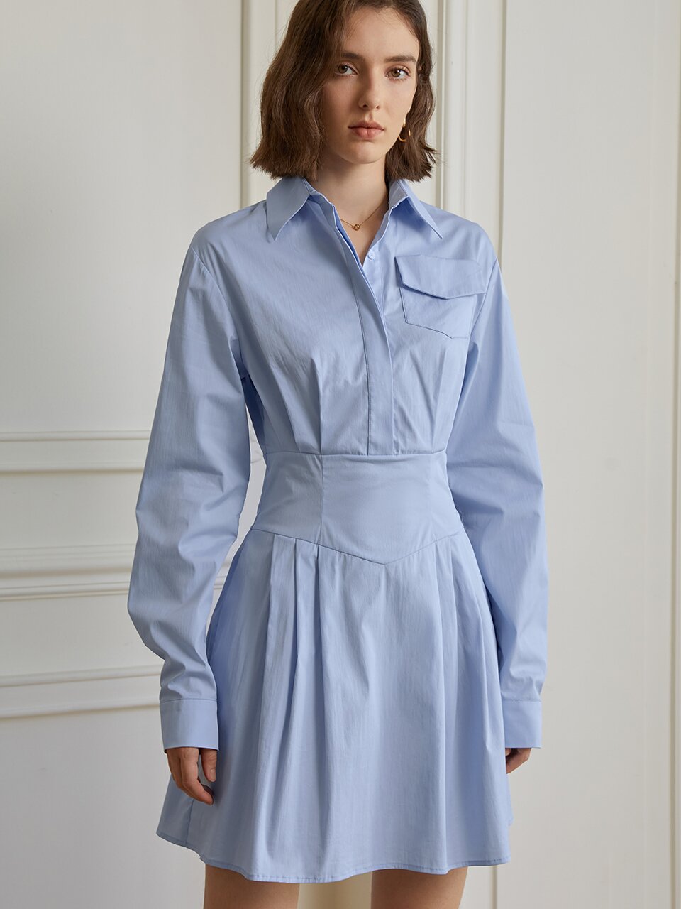 YY_Pocket slim waist shirt dress