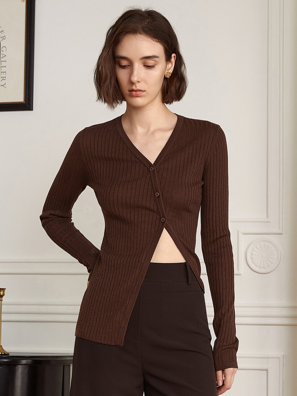 YY_Vintage split brown knit top
