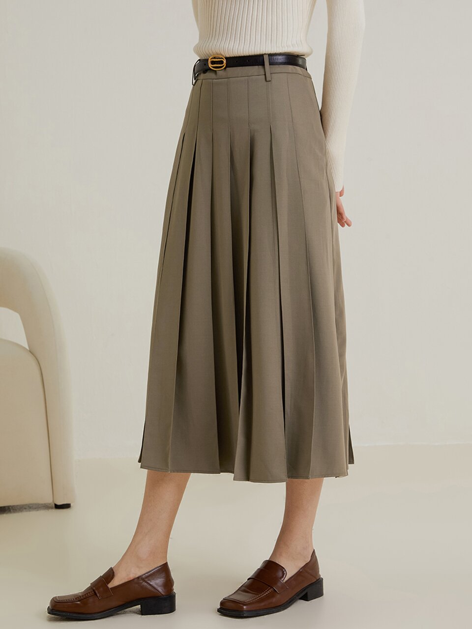 LS_Khaki A-line pleated skirt