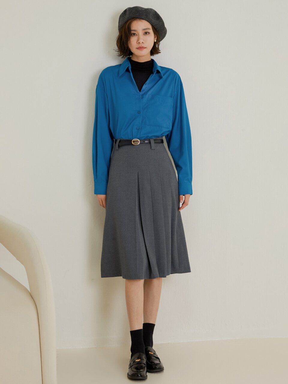 LS_Gray high waist pleated midi skirt