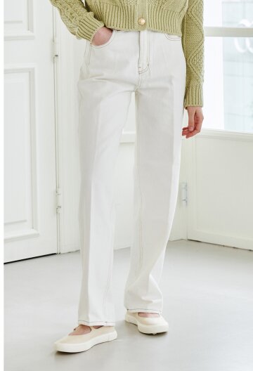 Straight Stitch Denim Pants  -  Cream