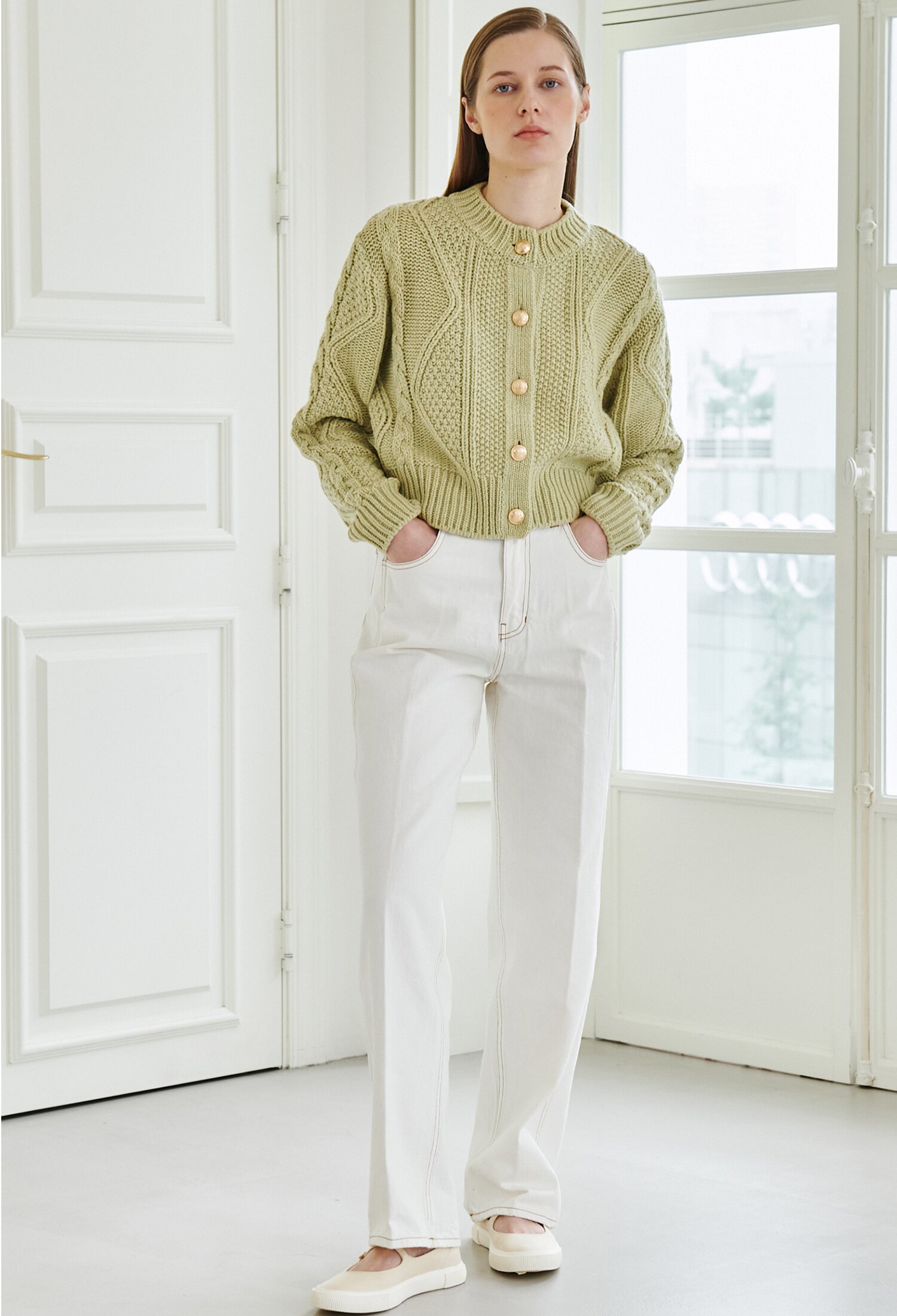 Straight Stitch Denim Pants  -  Cream