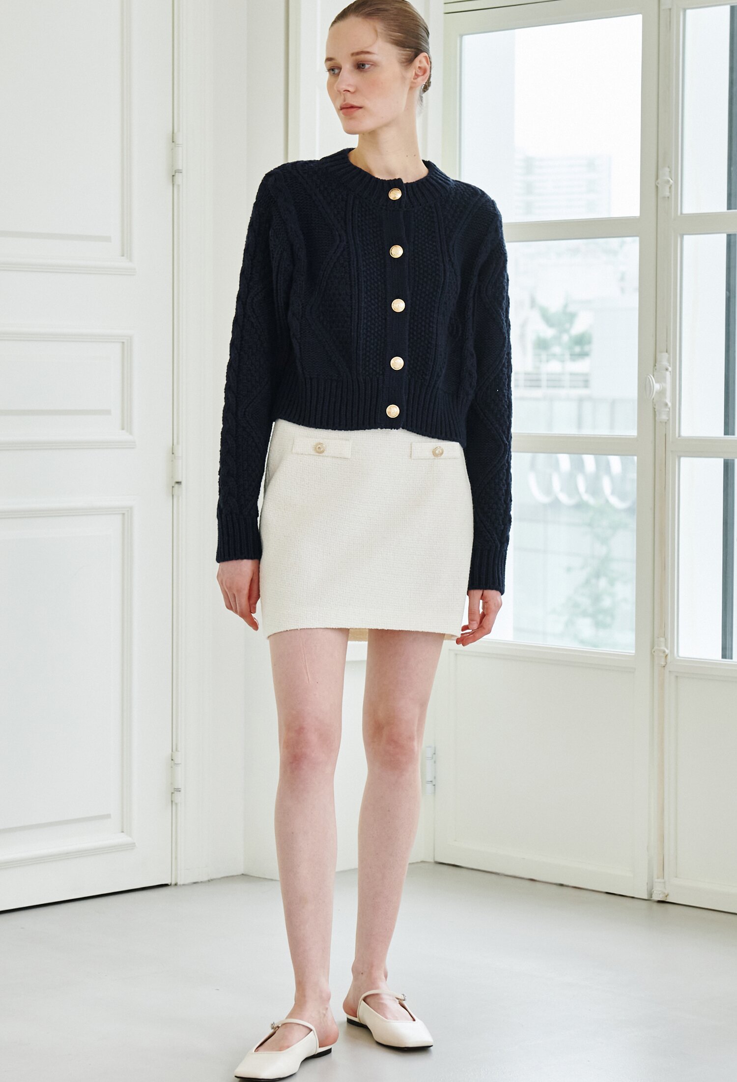 Tweed Button Skirt - Ivory