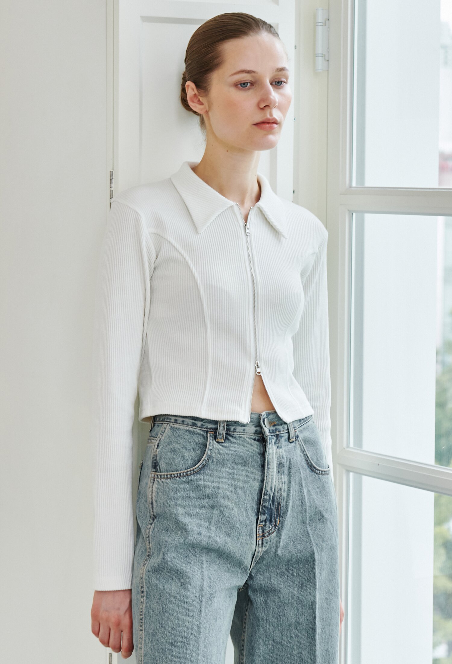 Two Way Zip Up Collar T-Shirt - Ivory