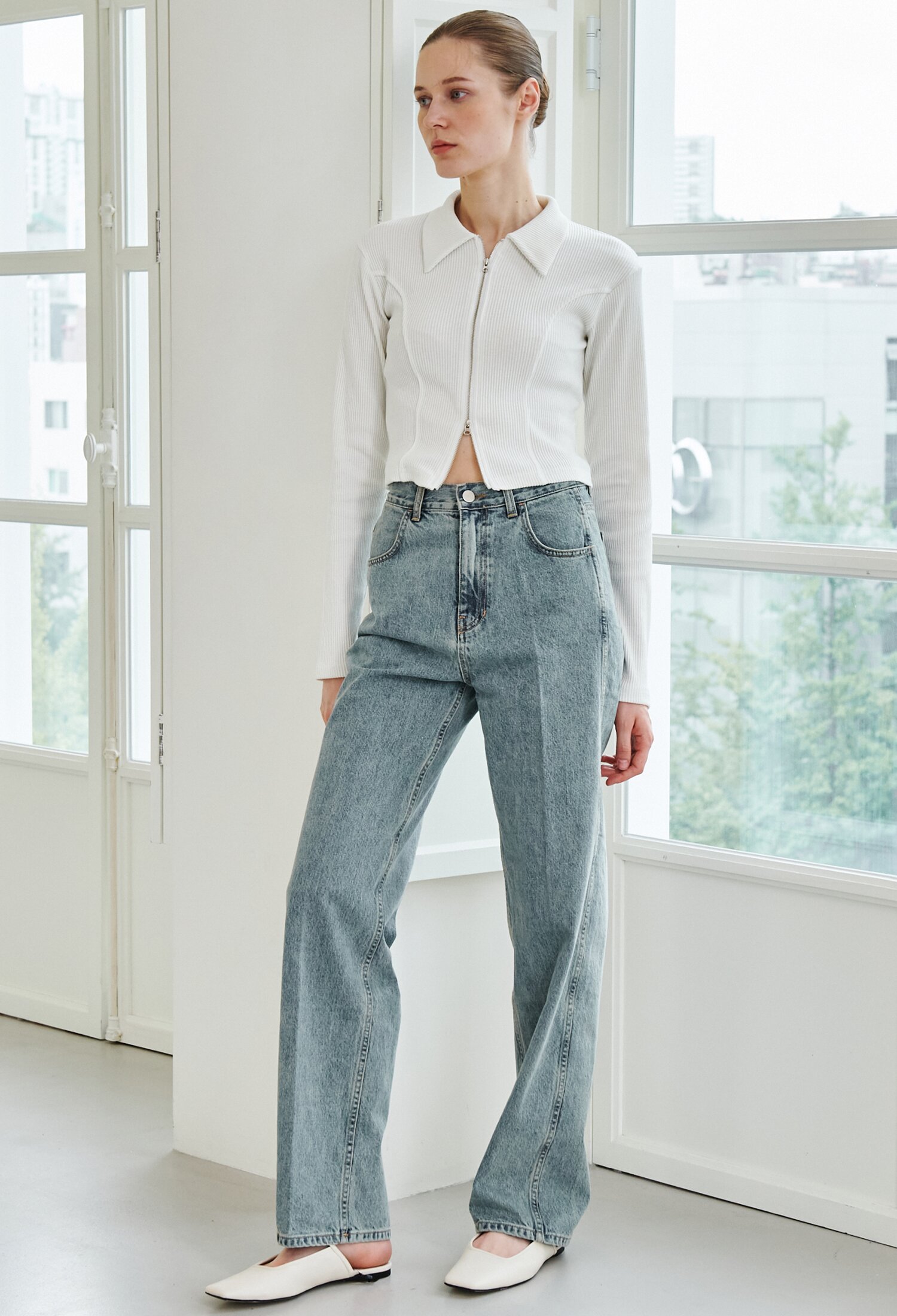 Two Way Zip Up Collar T-Shirt - Ivory