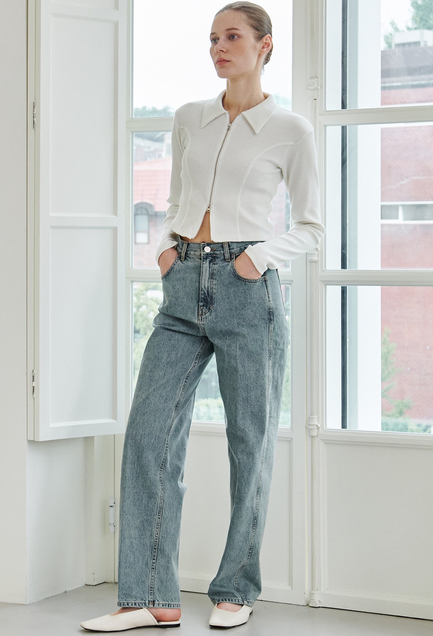Two Way Zip Up Collar T-Shirt - Ivory