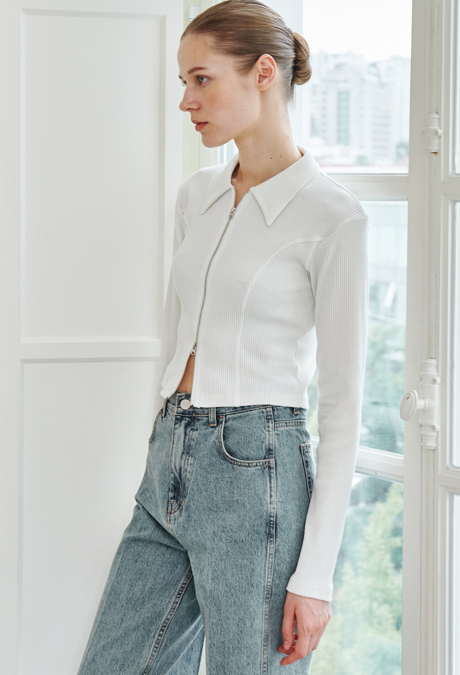 Two Way Zip Up Collar T-Shirt - Ivory