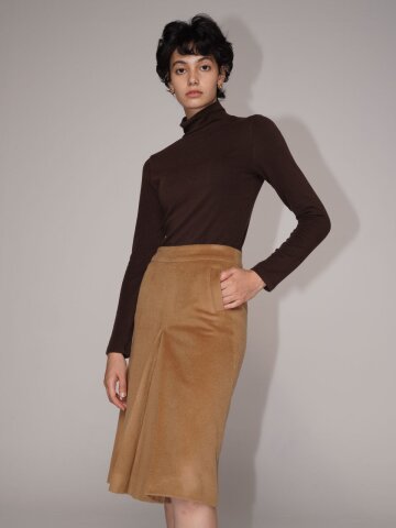 울 미디 플리츠 스커트 - Camel