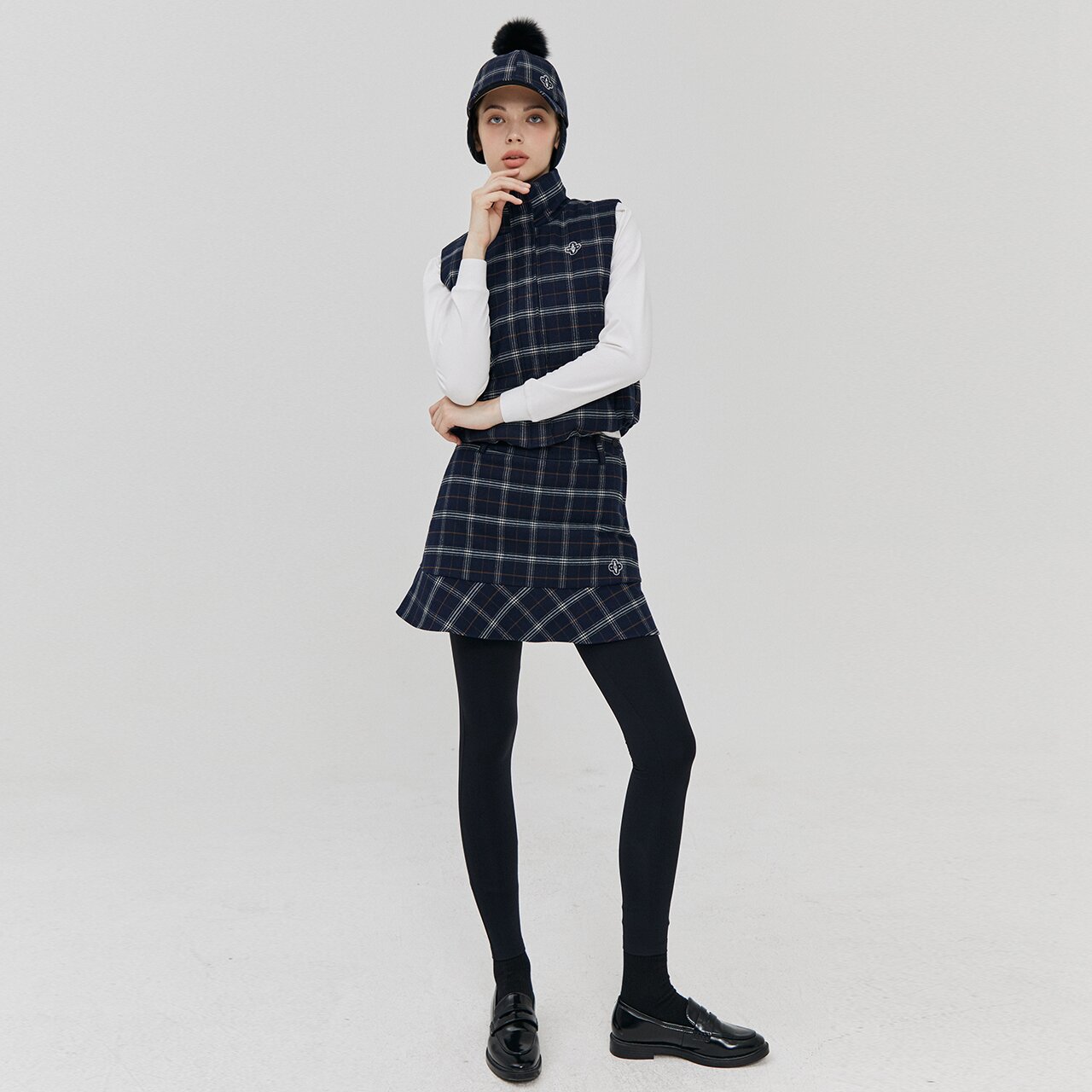체크 자수 기모 스커트 레깅스(네이비)_L3D1-SK02C