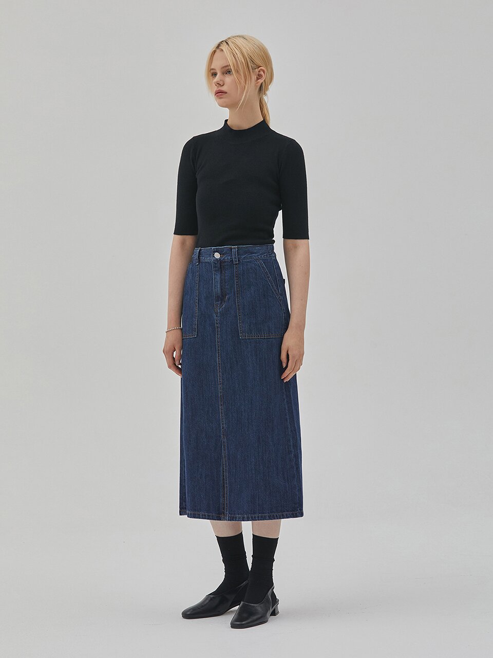 DENIM OUT POCKET BANDING SKIRT INDIGO