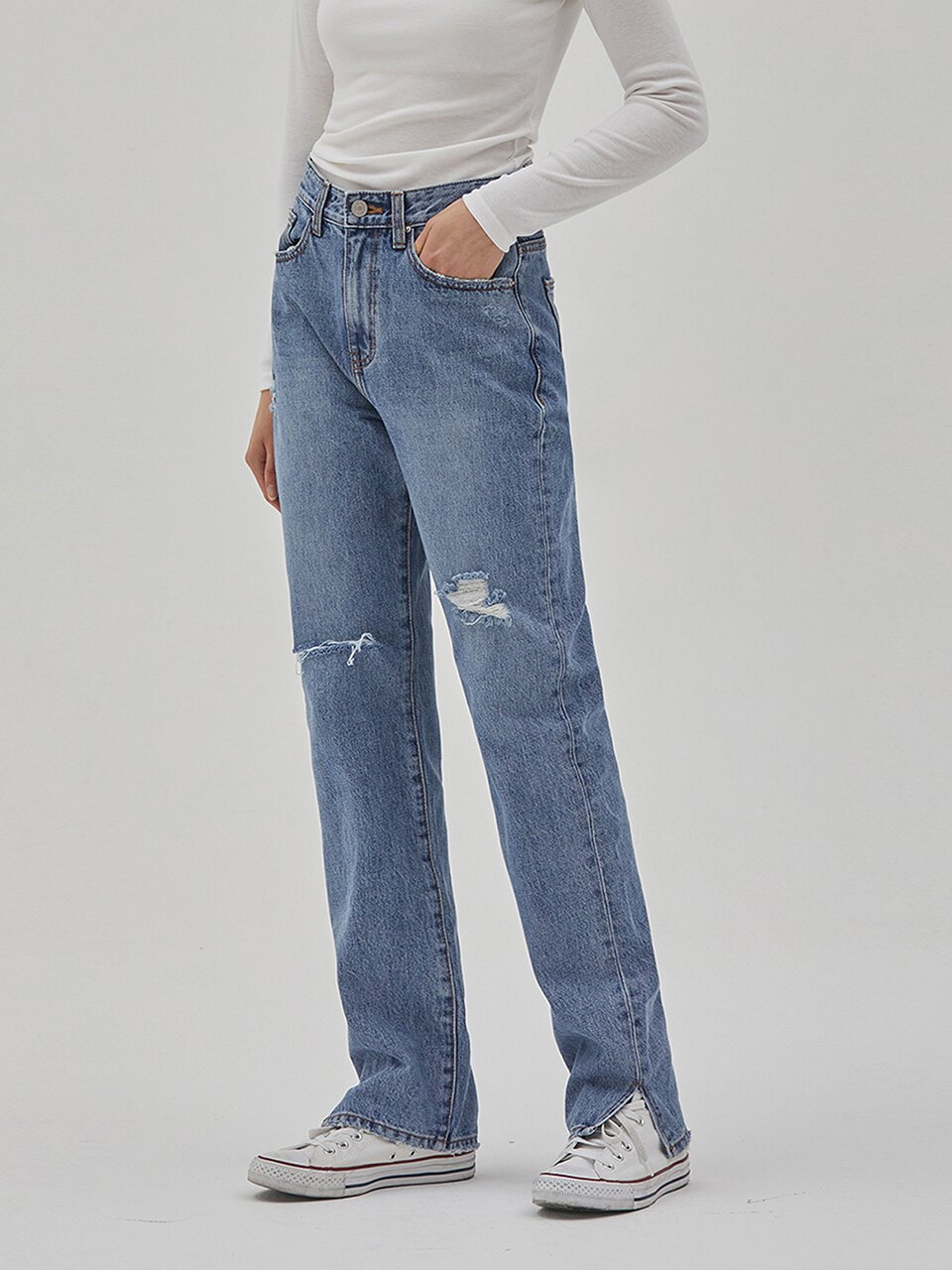 DENIM DESTROTED STRAIGHT SLIT PANTS BLUE