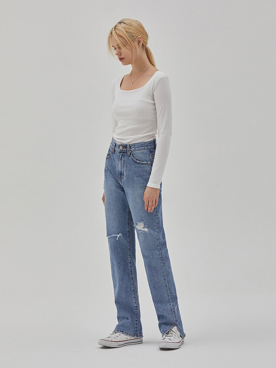 DENIM DESTROTED STRAIGHT SLIT PANTS BLUE