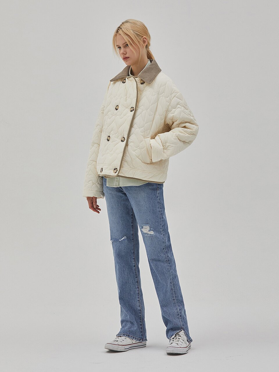 DENIM DESTROTED STRAIGHT SLIT PANTS BLUE