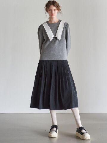 SCALLOP COLLOR PLEATS DRESS_GRAY
