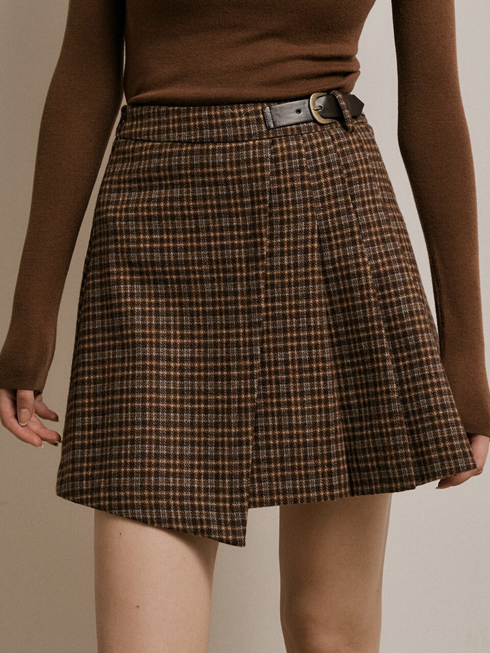 WD_Irregular half pleated skirt_BROWN