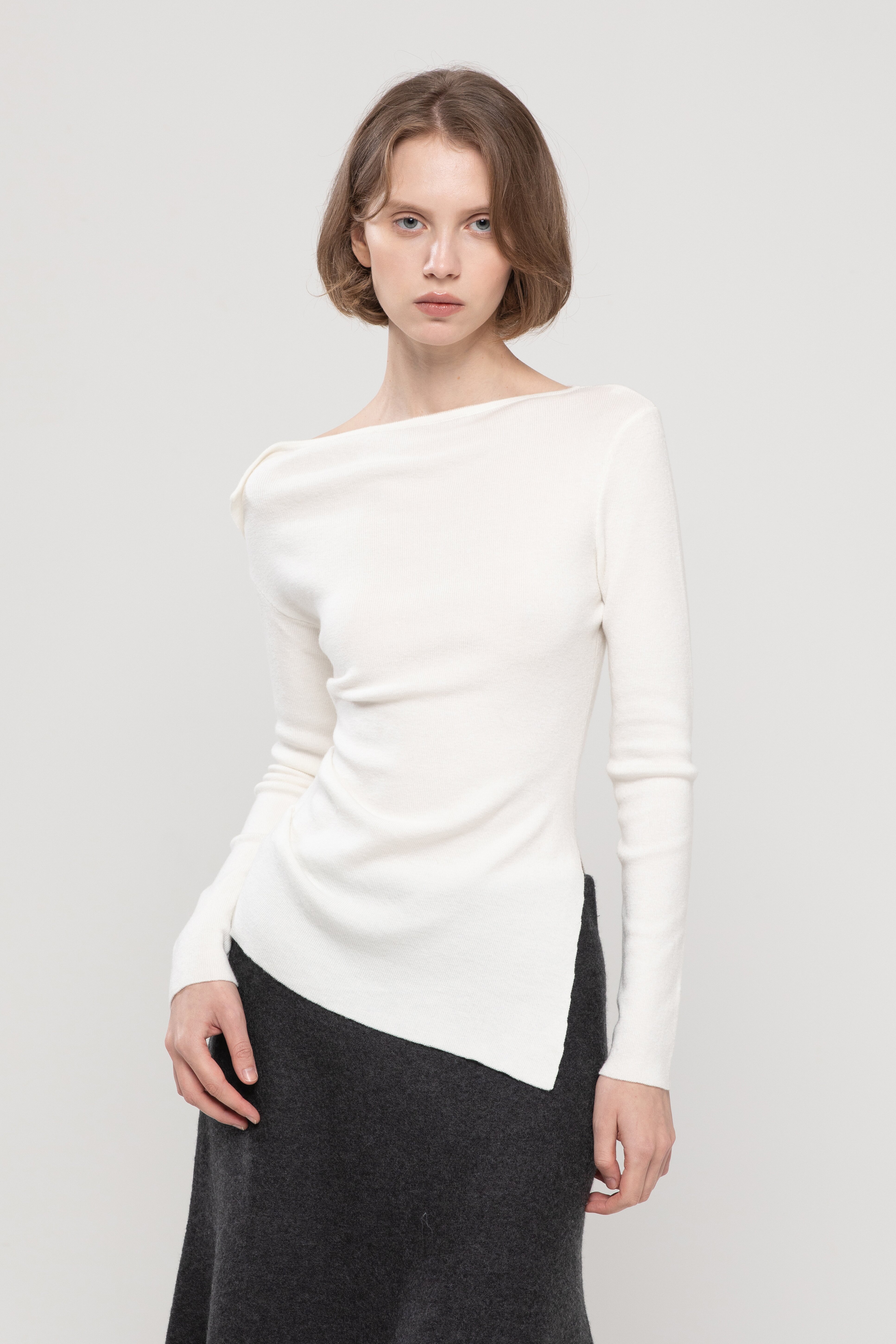 Unbalanced shirring t-shirt - Ivory