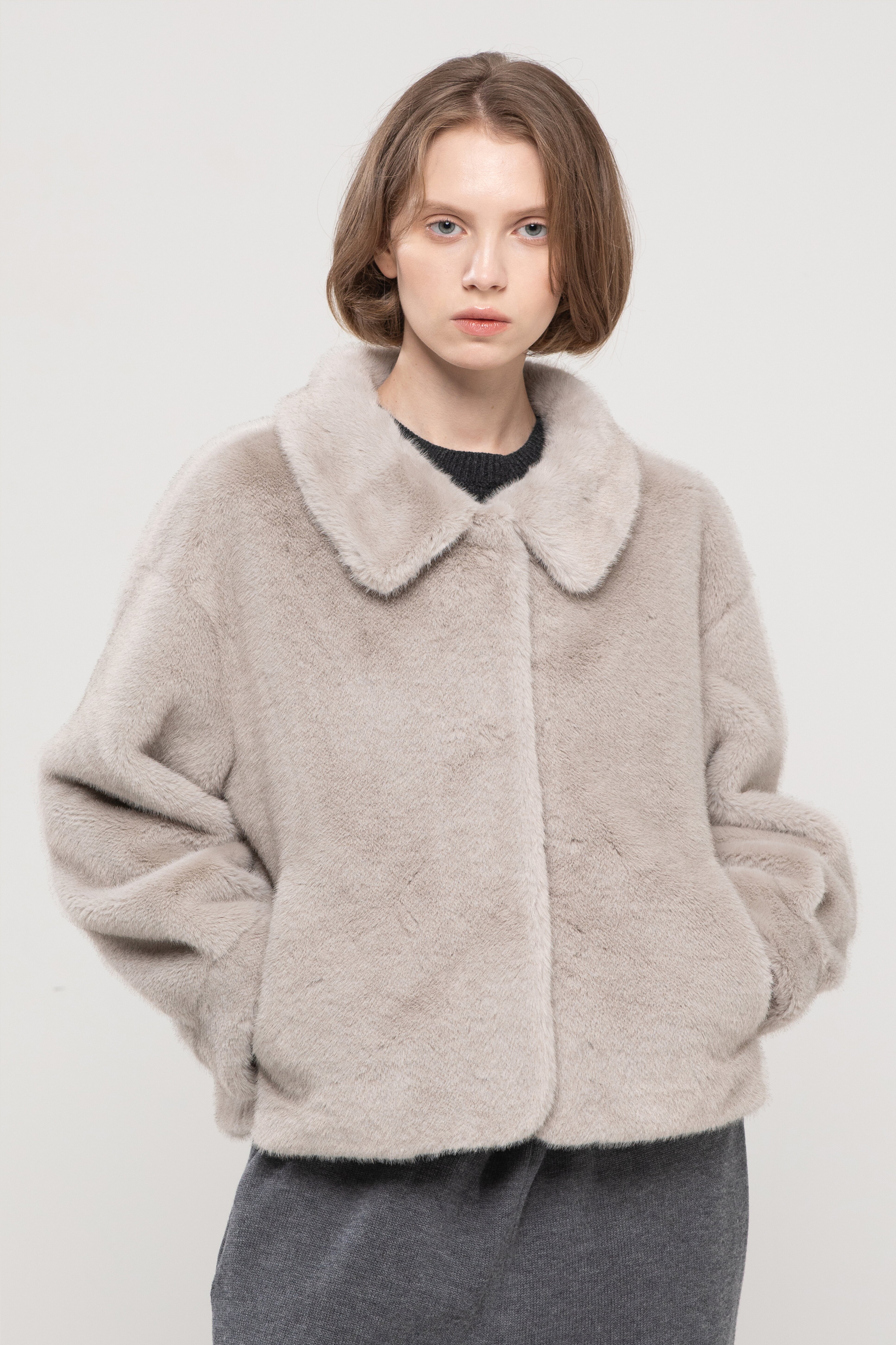 Round collar mink fur jacket - Gray
