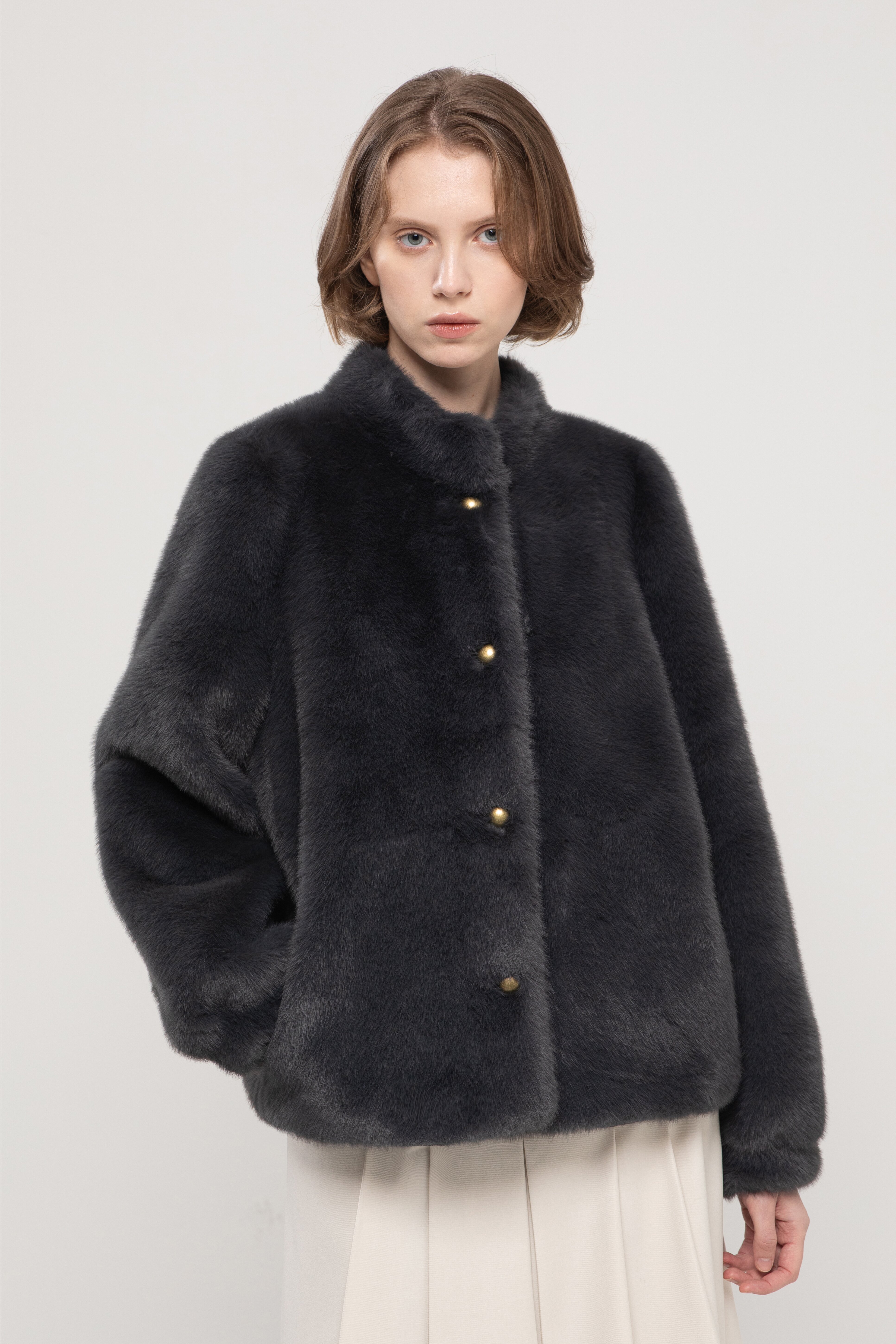 Stand collar mink fur jacket - Navy