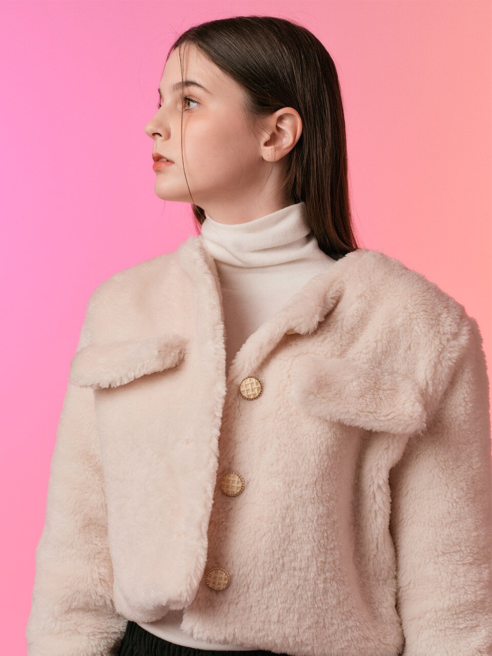 WOMEN 퍼 크롭 트위드 와플 양털 무스탕 자켓 [IVORY]