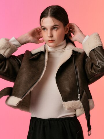 [벨트탈부착] WOMEN 크랙 크롭 덤블 무스탕 양털 플리스 자켓 Brown [라이더 ver.]