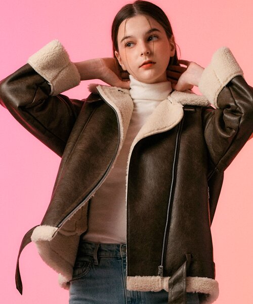 WOMEN 크랙 덤블 오버핏 무스탕 양털 플리스 자켓 Brown [라이더 ver.]