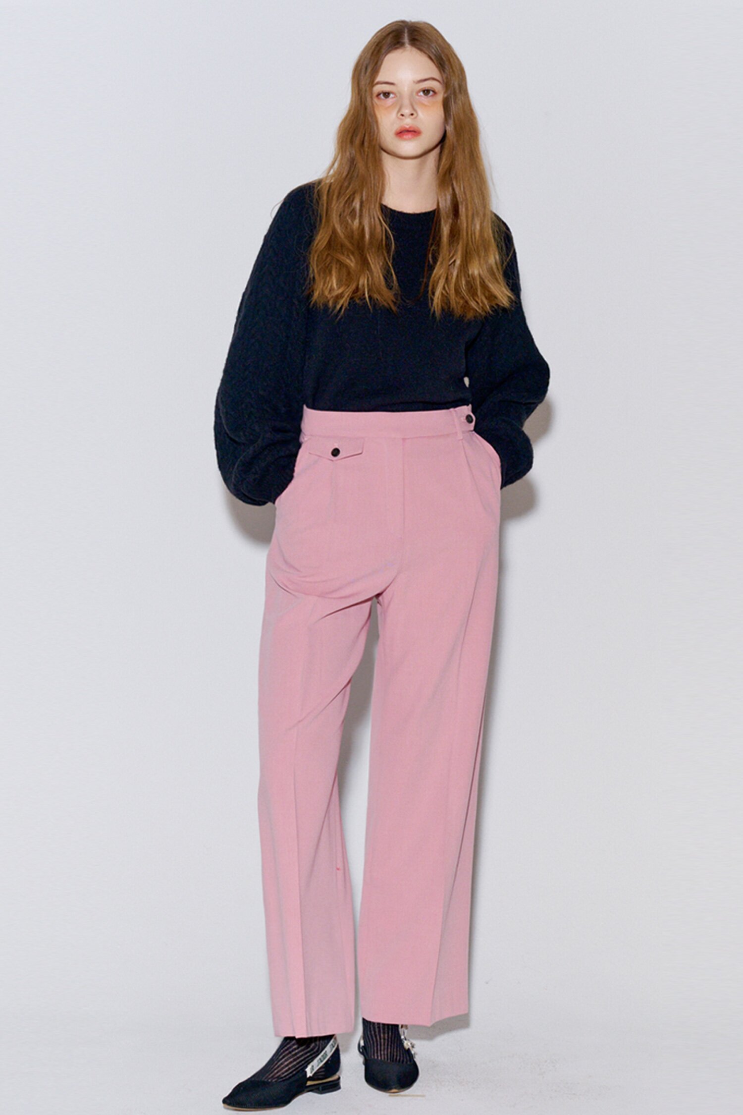 Button Point Wool Pintuck Wide Slacks Pink