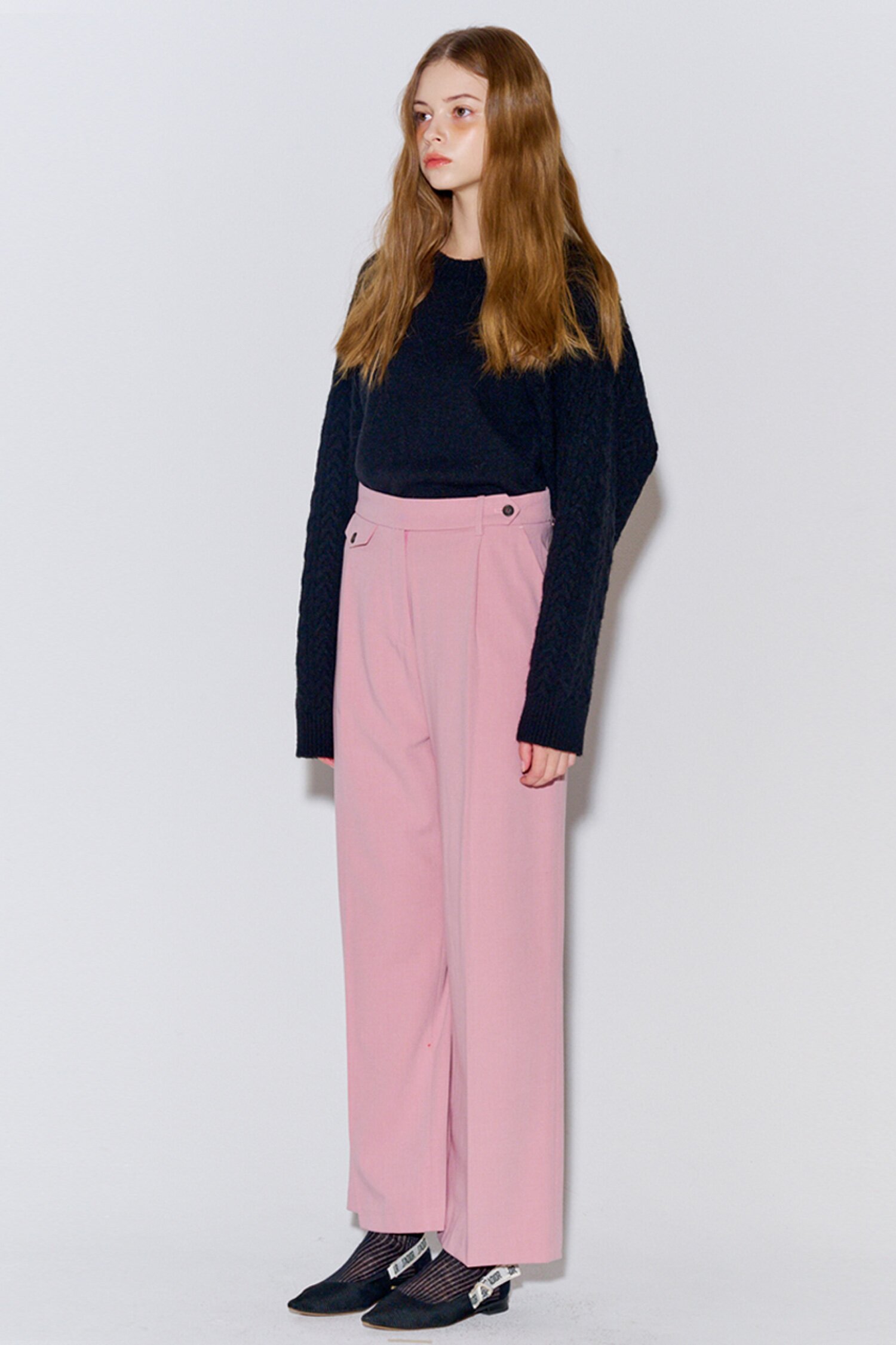 Button Point Wool Pintuck Wide Slacks Pink
