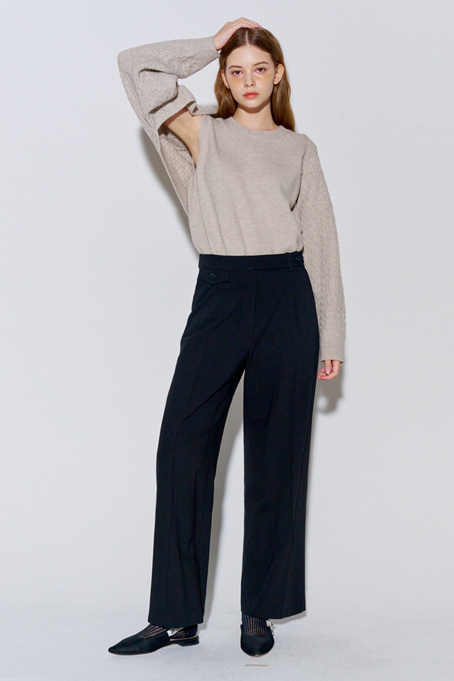 Button Point Wool Pintuck Wide Slacks Black
