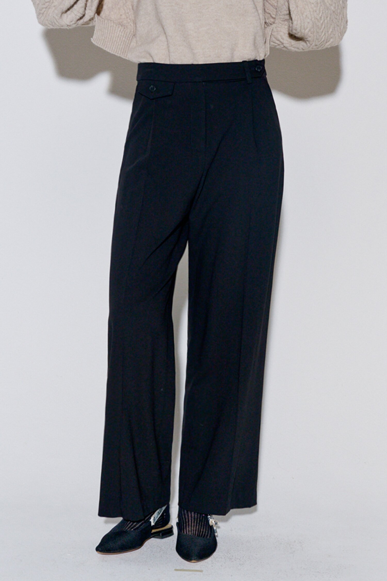 Button Point Wool Pintuck Wide Slacks Black