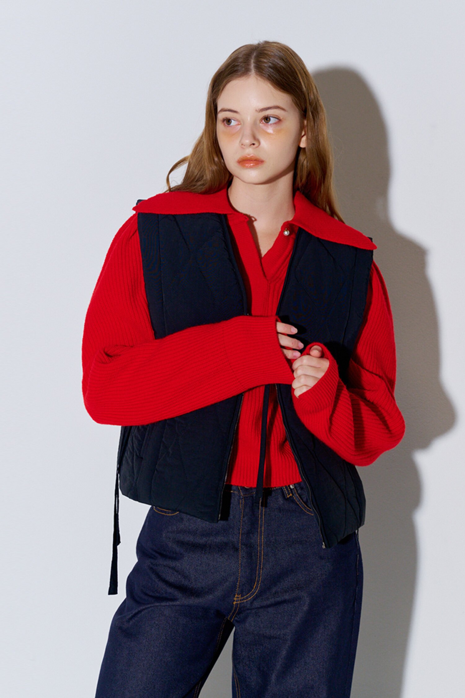 Ribbon Strap Detail Quilted Vest Black