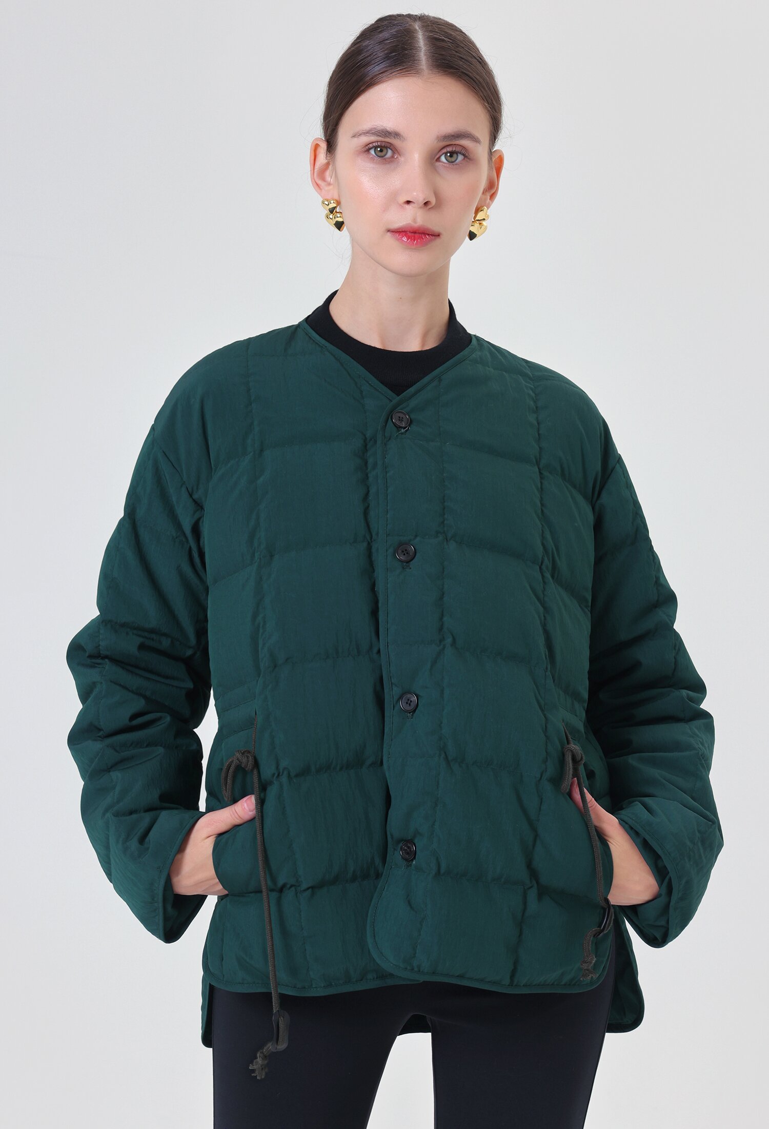 버튼 덕 다운 패딩 다크그린