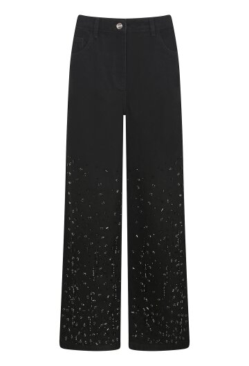 A라인 비즈 자수 롱 데님 팬츠 