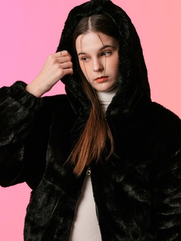 [밍크 ver.] 오버핏 누빔 카밍 비건 퍼 후드집업 [Black]