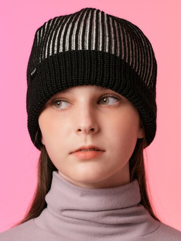 WOMEN 겨울 헤비 니트 배색 비니 [BLACK]