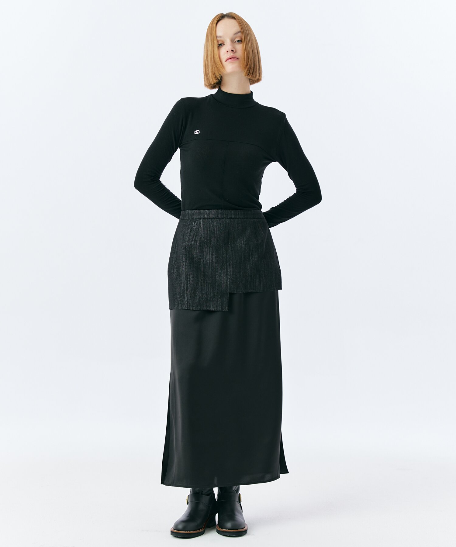LAYER DENIM SATIN SKIRT(BLACK)