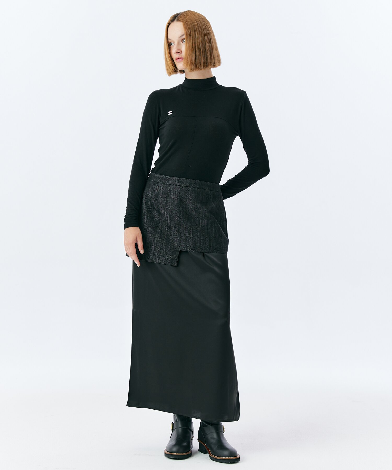 LAYER DENIM SATIN SKIRT(BLACK)