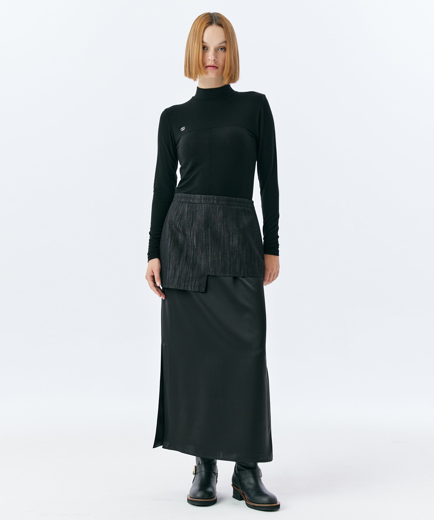 LAYER DENIM SATIN SKIRT(BLACK)