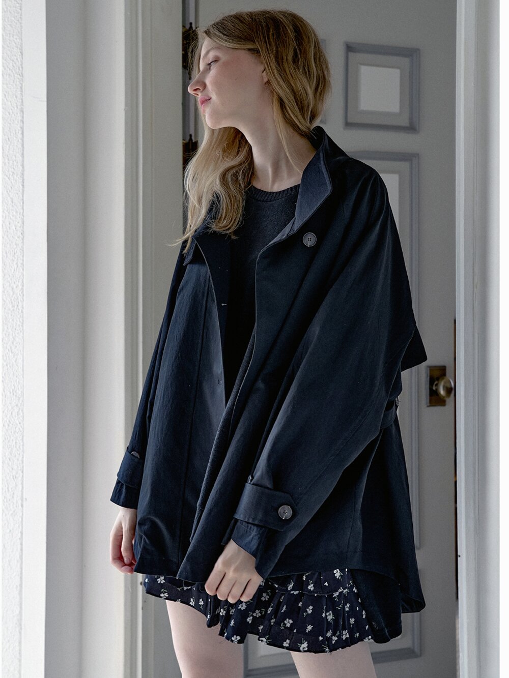 Oversize Half Trench Coat - BLACK