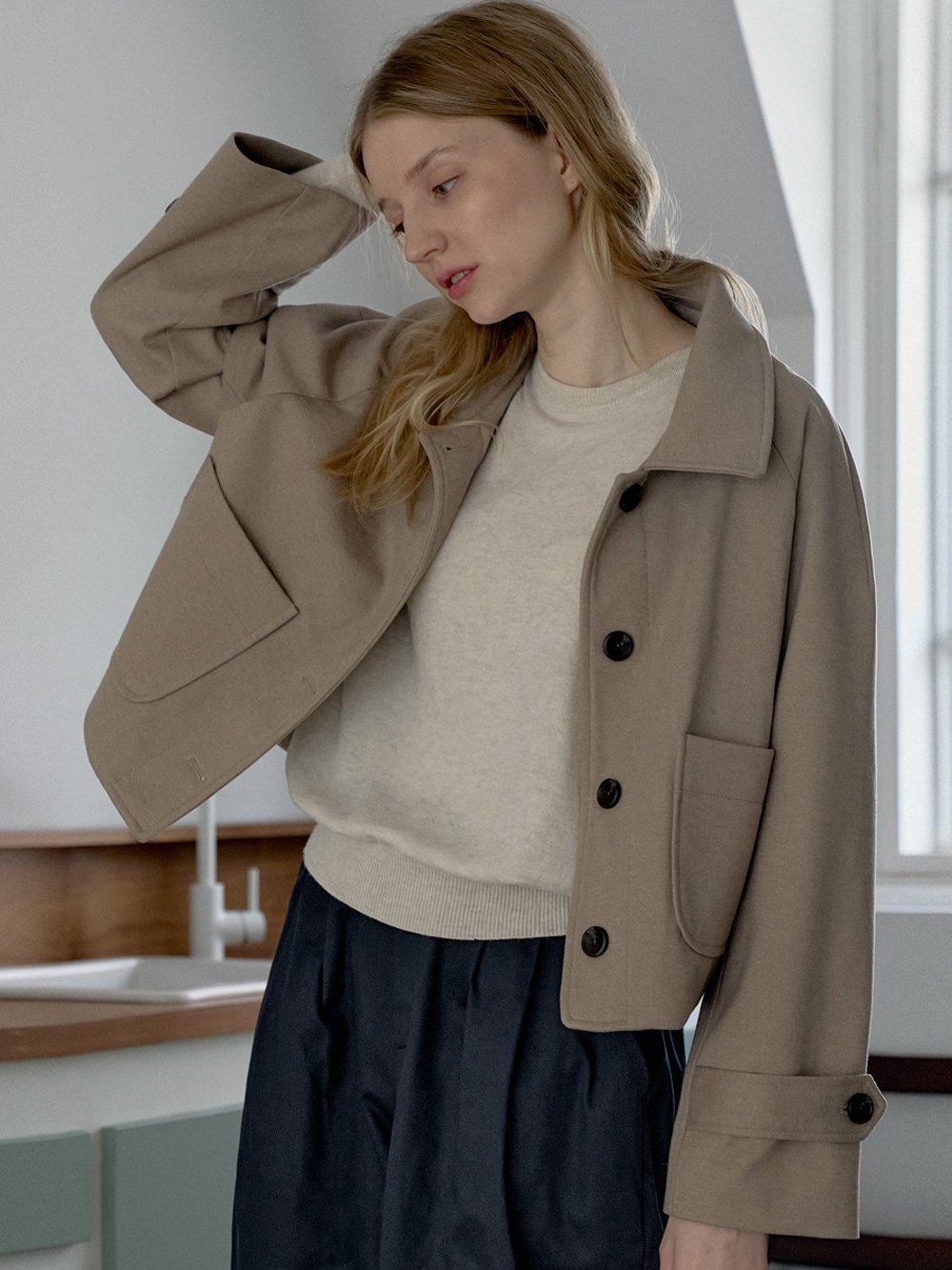 Herringbone Trucker Jacket - BEIGE