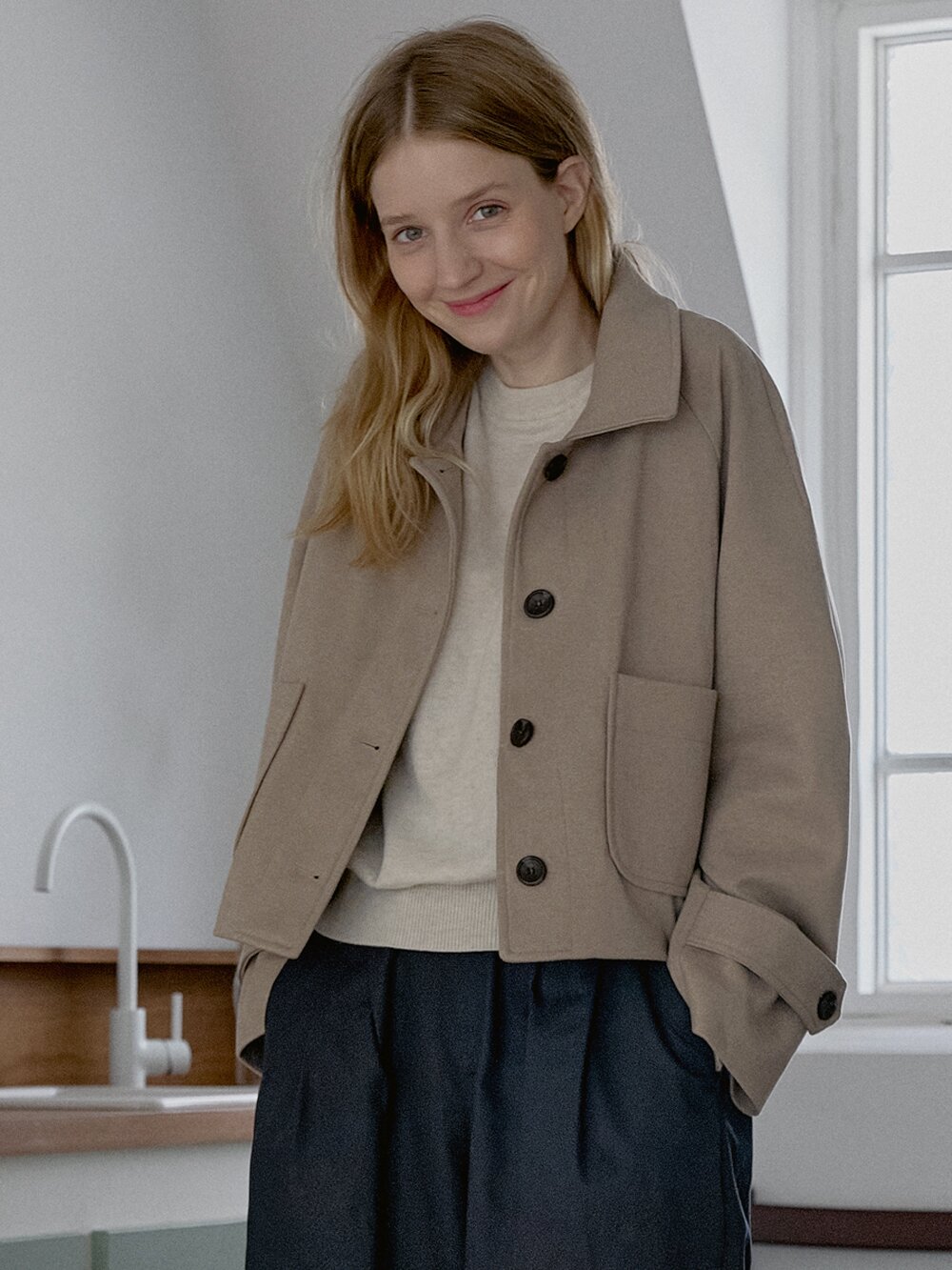 Herringbone Trucker Jacket - BEIGE