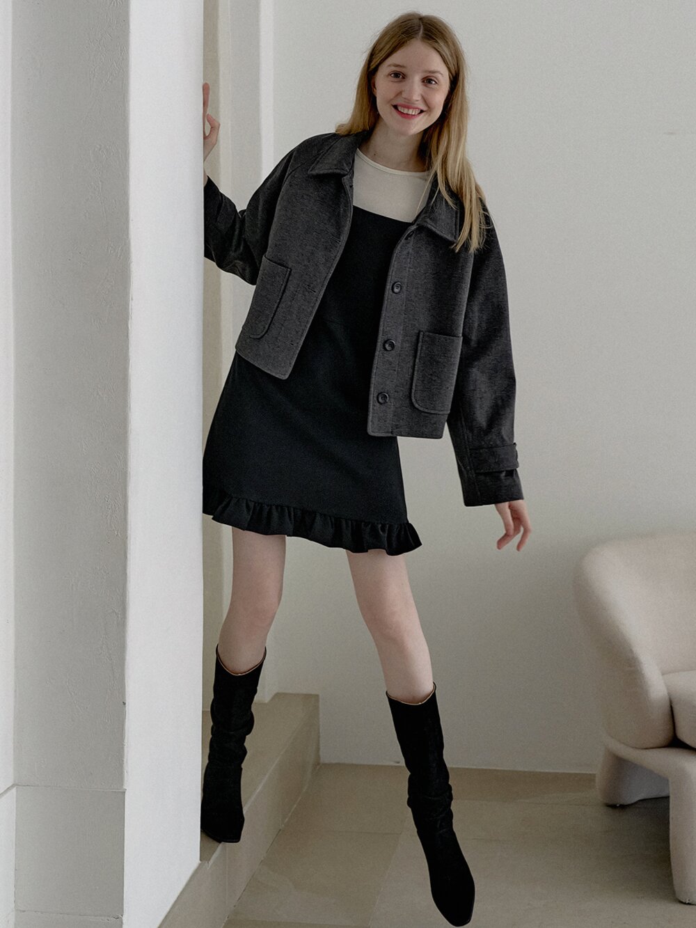 Herringbone Trucker Jacket - CHARCOAL